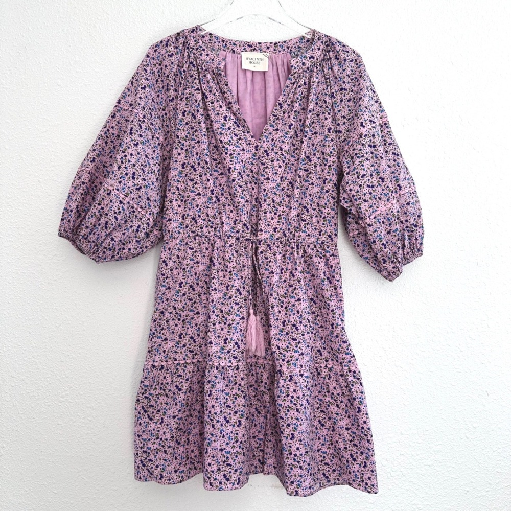 Hyacinth House Matilda Dress Womens Medium Purple Floral Puff Sleeve Tiered